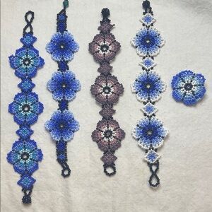 Handcrafted Beaded Floral Bracelets & Ring Cobalt Blue Purple White NWOT Mexico